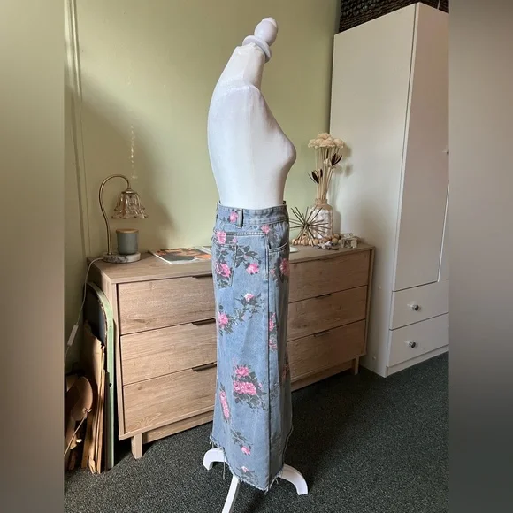 Vintage Cotton Denim Pink Wild Rose Floral Midi Maxi Side Slit High-Waist Skirt - Picture 8 of 16